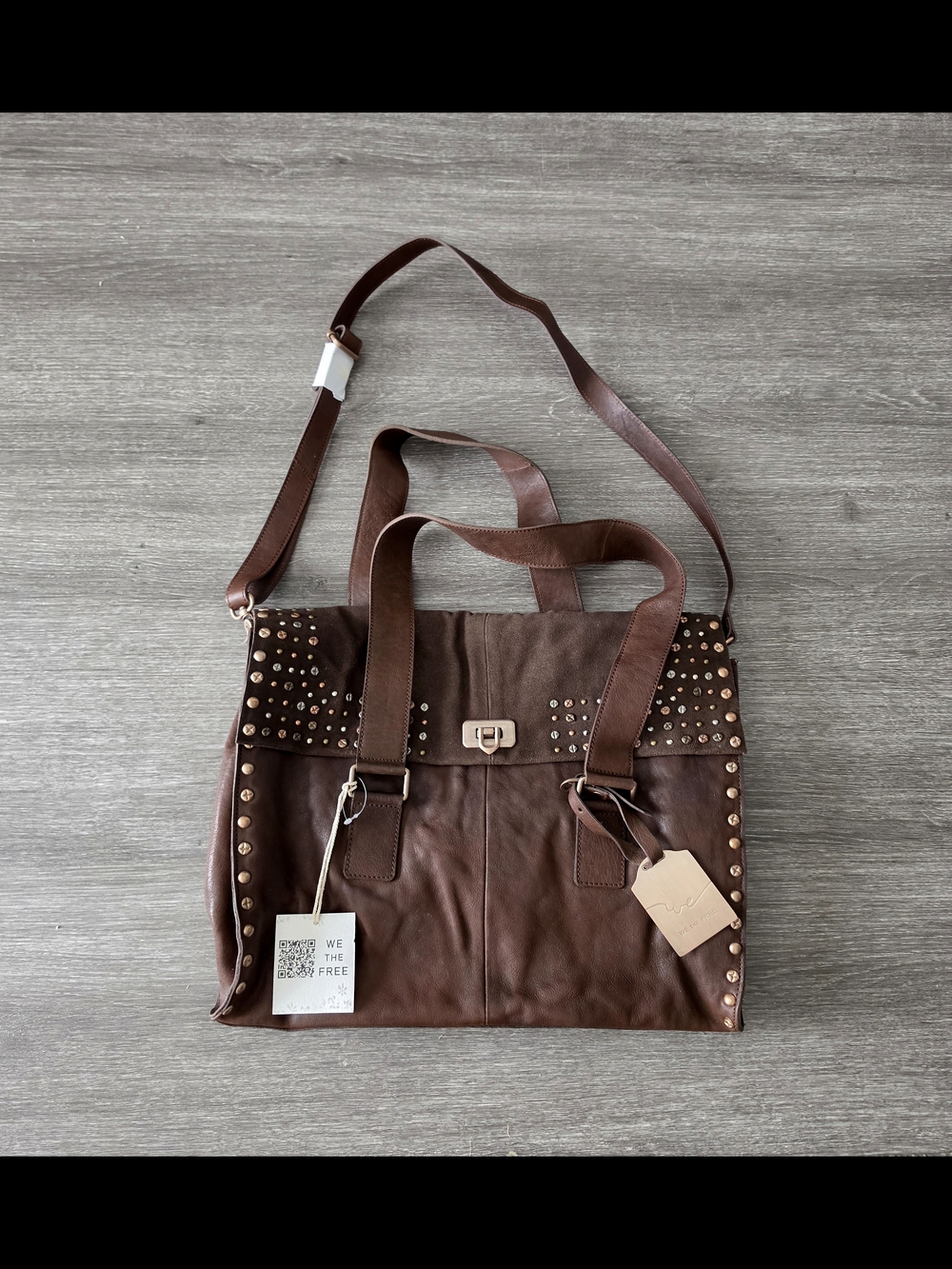 WE THE FREE 'Shay' Studded Leather Satchel Tote Bag - Dark Brown - Picture 2 of 8